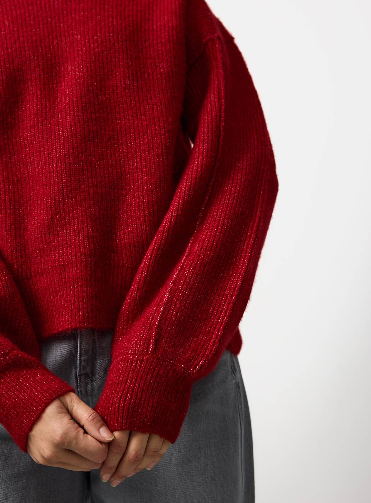Dark Red Ribbed Fisherman Crew Neck Jumper L - Image 3